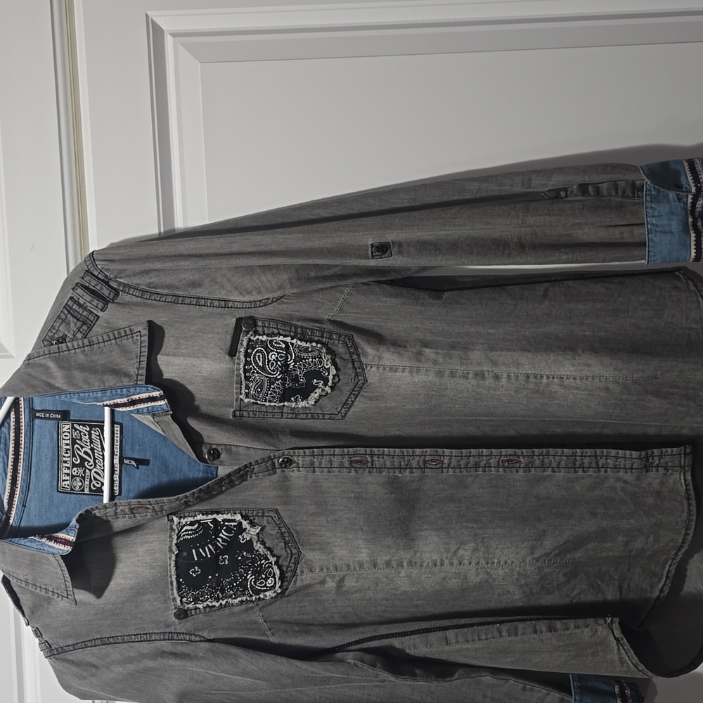 Affliction Gray Denim Shirt with Black Accents